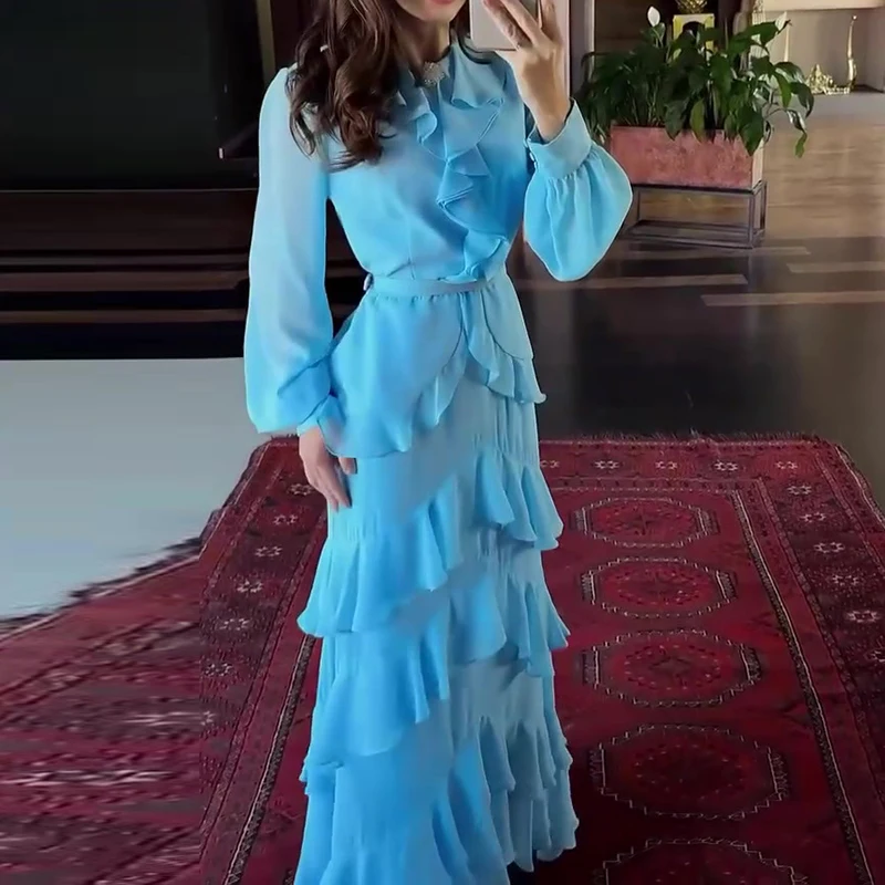 Dames casual lange mouw effen kleur feestjurk mode gedrapeerde ruches slanke lange jurk elegante o-hals hoge taille herfstjurk