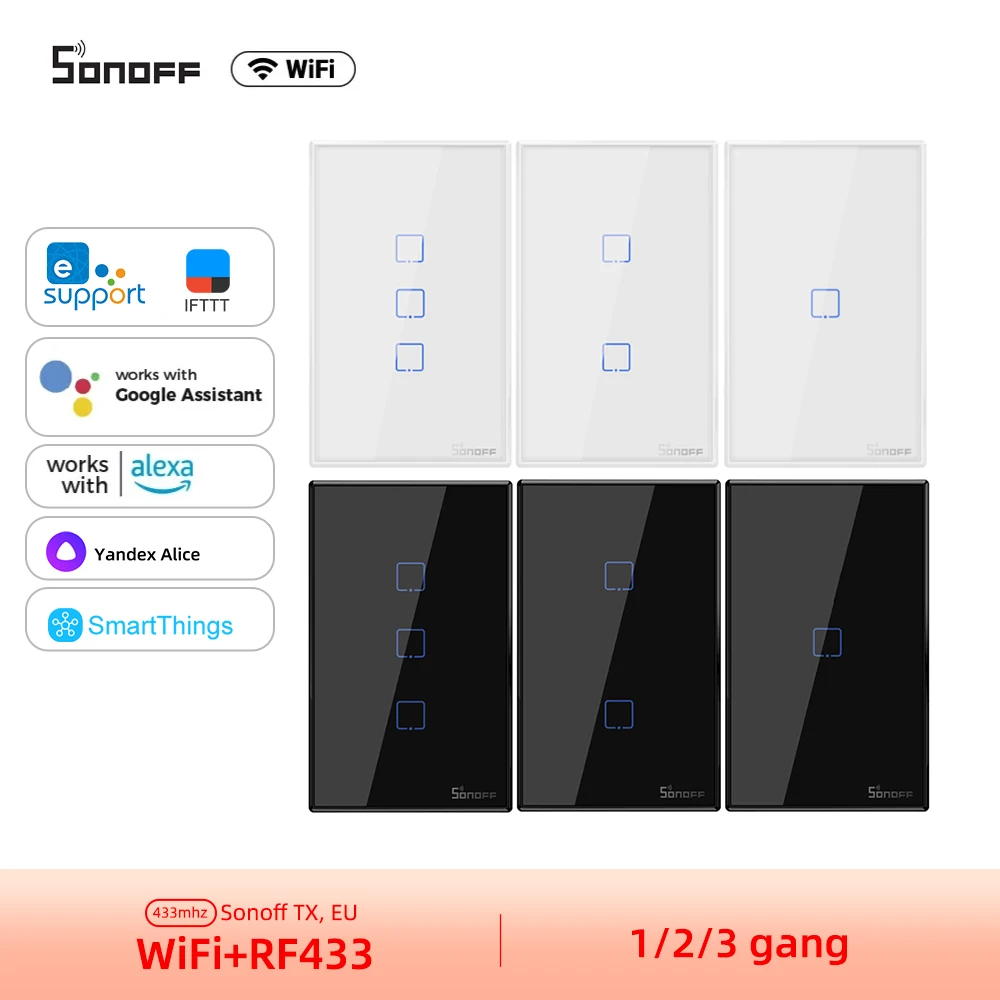 Sonoff T2 T3 TX Series WiFi Wall Switches US Version 433MHZ Work With Alexa Smartthings Yandex Alice Google Home Assistant Ifttt