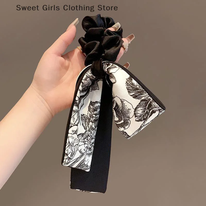 

New National Trend Ink Painting Flower Bow Ribbon Hair Ring High-end Printed Satin Hair Rope Hair Accessories