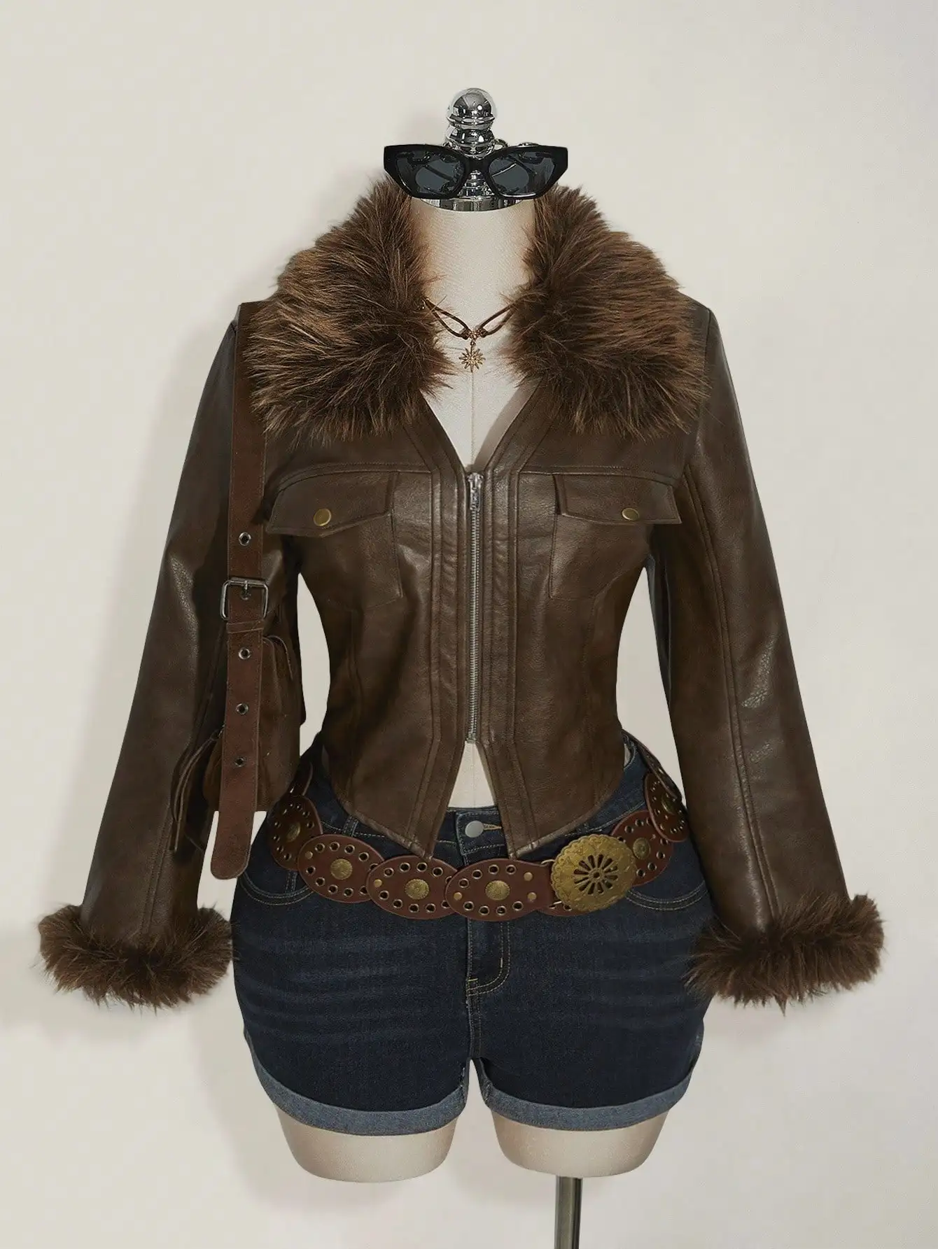 

Короткая куртка из коричневой искусственной кожи с отделкой из искусственного меха для осени и зимы