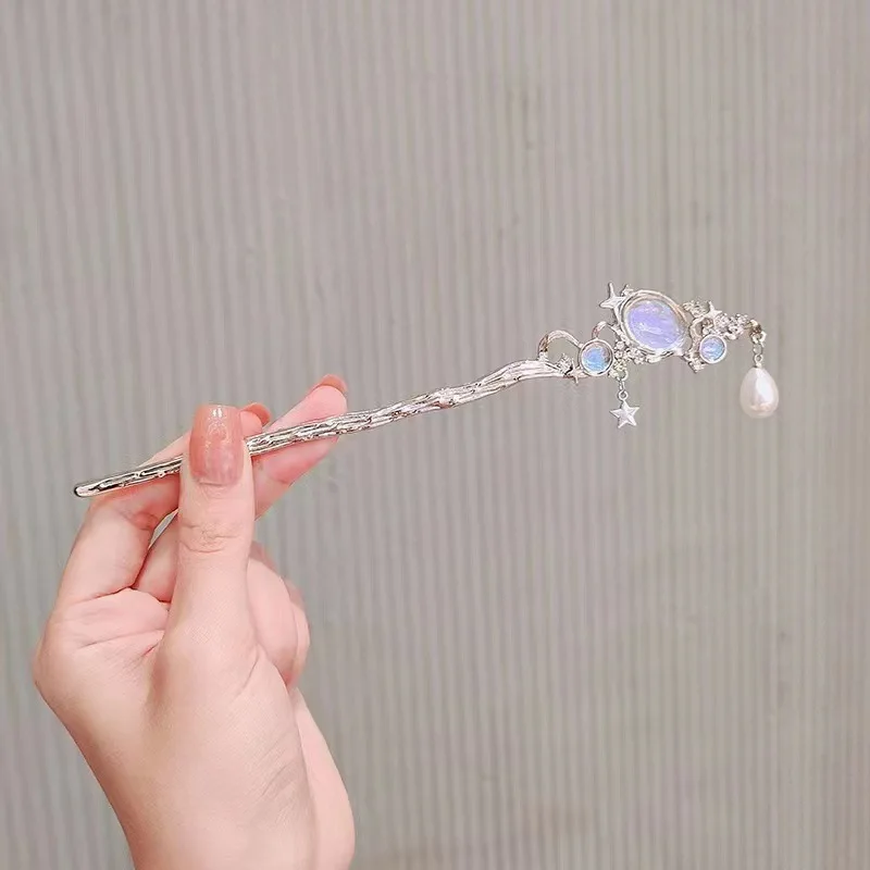 Moonstone Hairpin with Star & Pearl Tassel – Silver Hair Stick, Vintage Chinese Style Hair Accessory - view 4