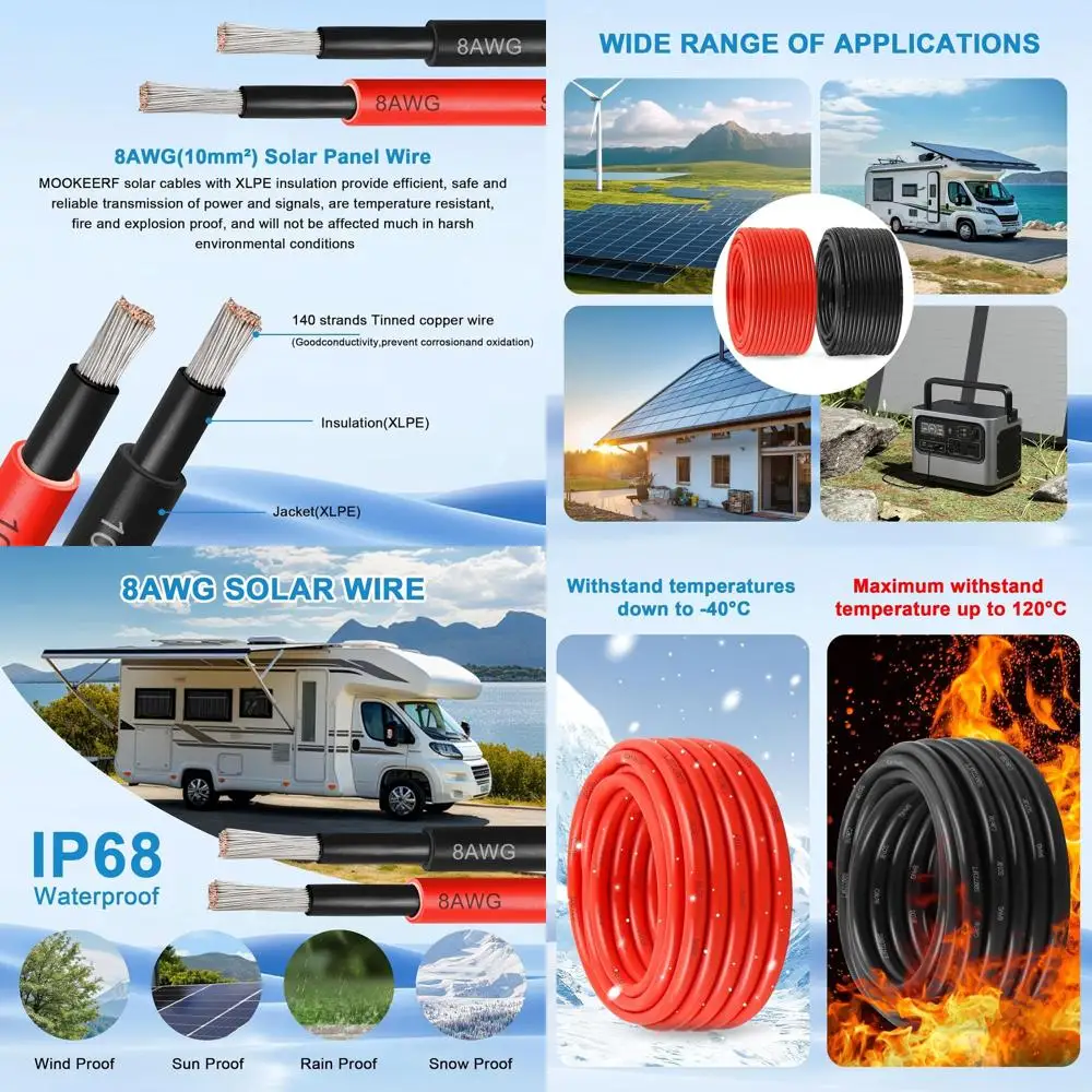 8 AWG Tinned Copper Extension Cables, 50ft Black & 50ft Red, Suitable for Outdoor, Automotive, RV, Marine Applications
