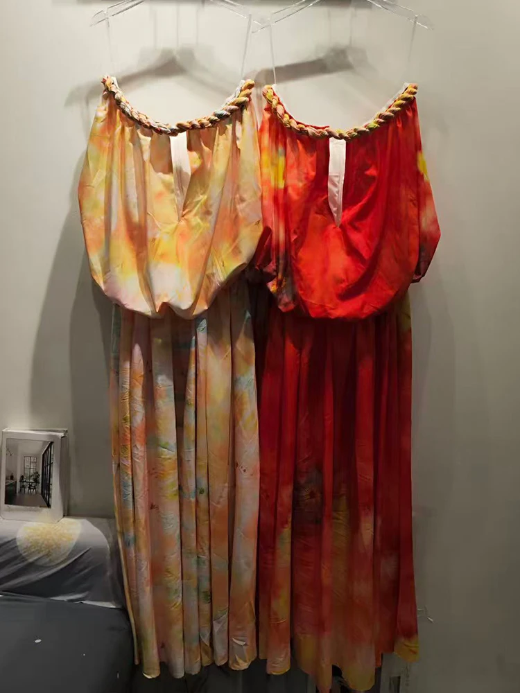 الرجعية مثير كلمة طوق جوفاء حبال صديرية دائرية تنورة الصيف المرأة الجديدة أنيقة مرونة الخصر سوينغ مزاجه طباعة اللباس