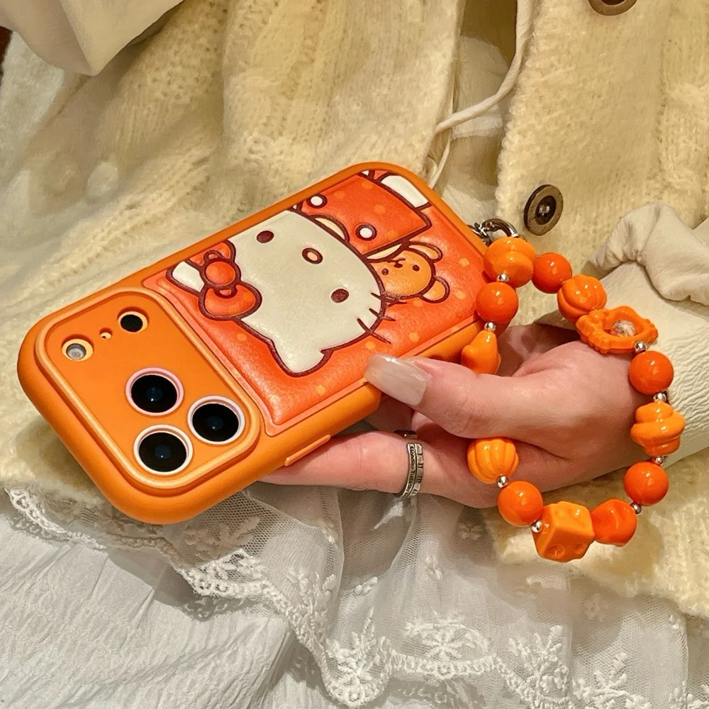 Leather Striped Orange Teddy Bear KT  Is Suitable For Apple Phone Case 17 Pro Max 16 15 Pro 14 13 Phone Case With Accessories view 4