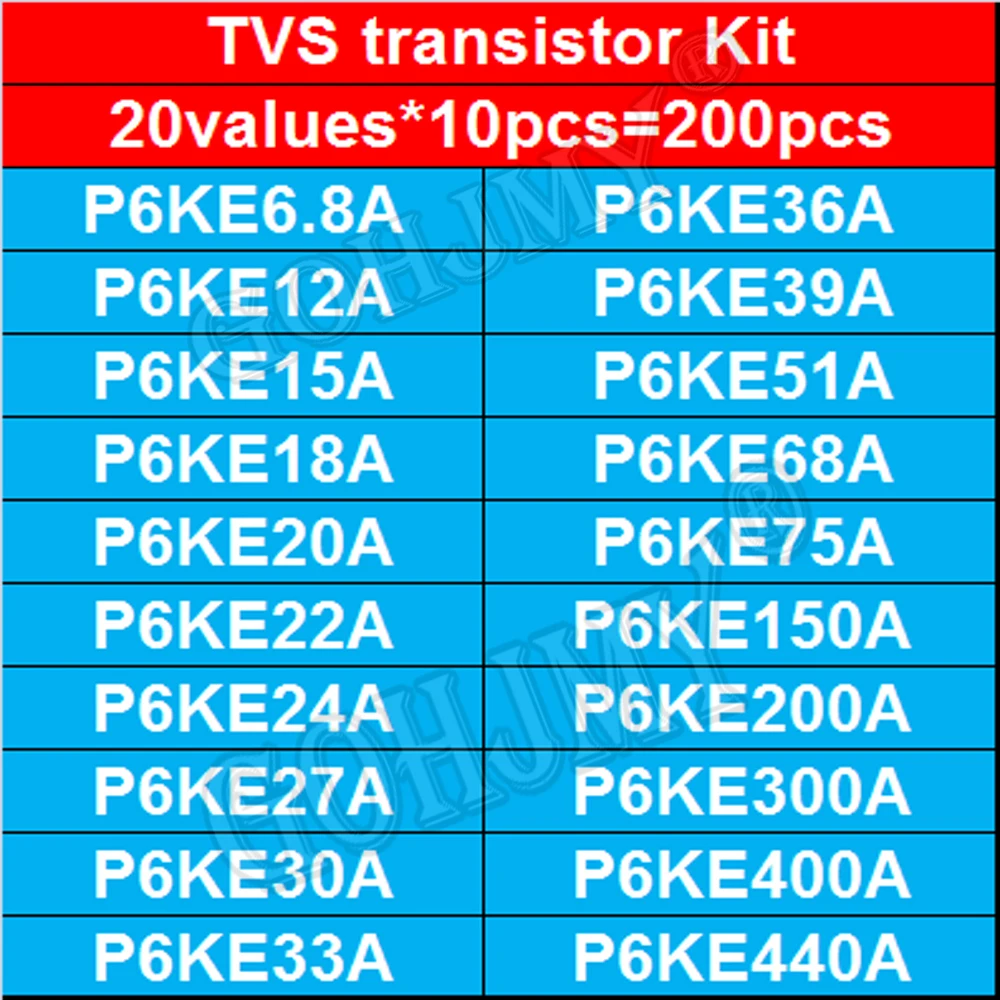 Imagem -05 - Valores 10 Pcs Tvs Transistor Kit P6ke6.8a ca 12 15 18 20 22 24 27 30 33 36 39 51 68 75 150 200 300 400 440a ca Tvs Diodo 200 Peças 20