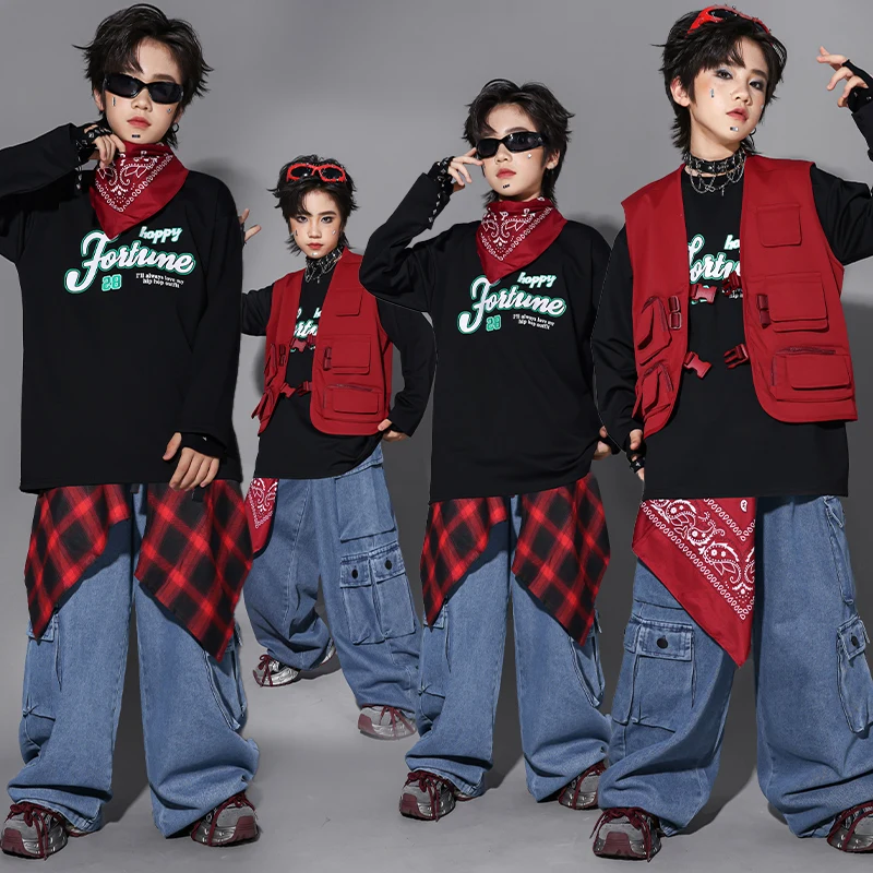 

Толстовка для мальчиков в стиле хип-хоп, красный жилет, джинсы-карго, брюки для девочек, костюм для уличных танцев, джаза, комплекты детской одежды, детская уличная одежда K-pop