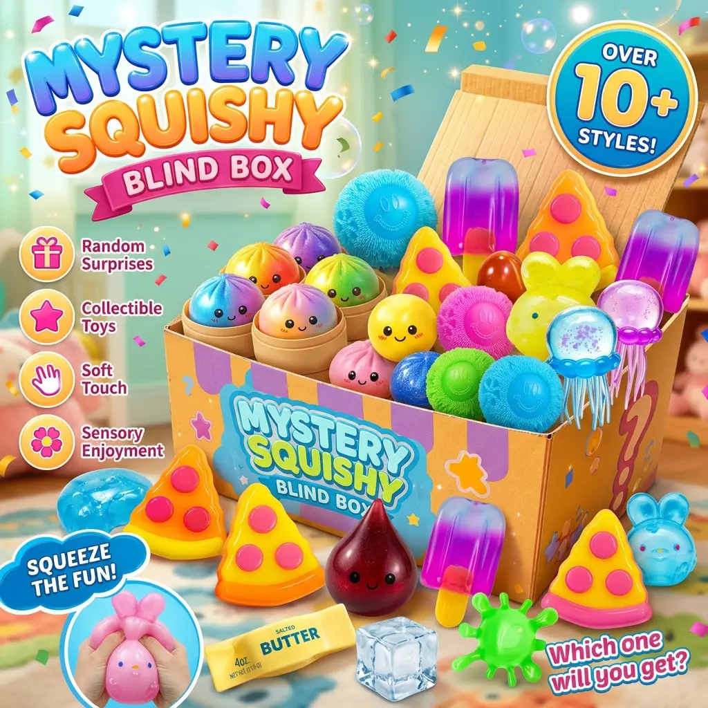 

1pc random Mystery Blind Box Squishy Series: Ultra-Soft Assorted Squish Toys Including Steamed Bun, Water Drop, Cube And Ball Shapes. Great For Stress Relief, Random Style Shipped Per Order.