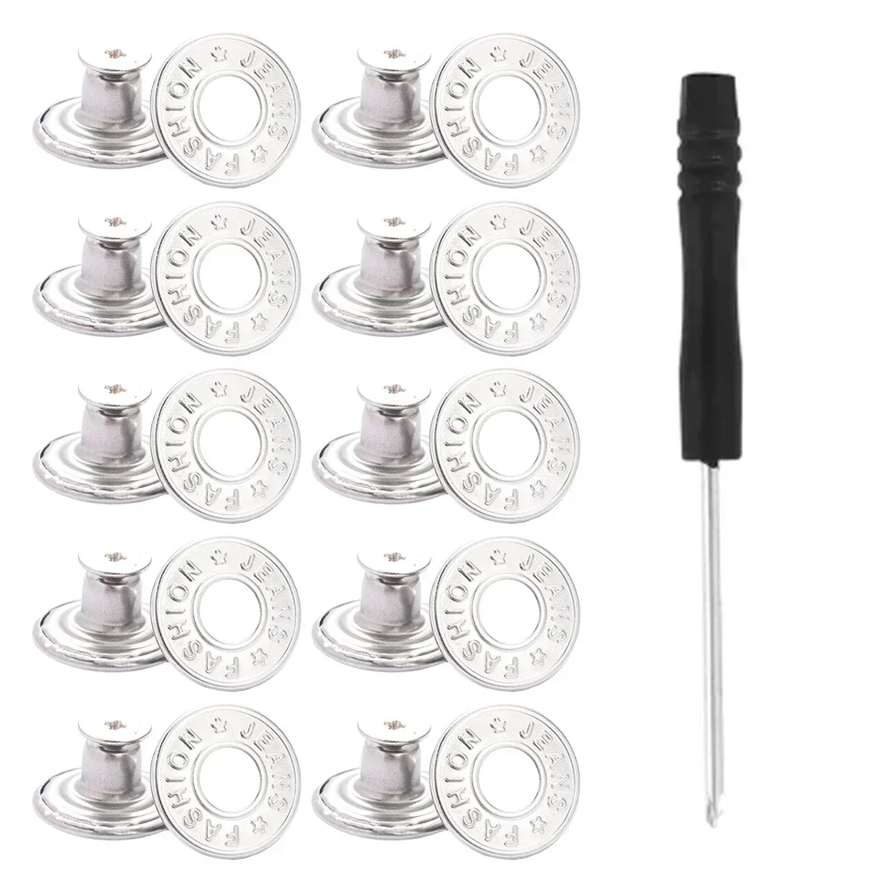 10Pcs Metal Jeans Buttons 17mm Replacement No-Sewing Screw Button Repair Kit Nailless Removable Jean Buckles Clothing Pants Pins