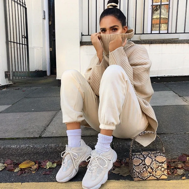 

Women's High Collar Loose Pullover Sweater Color Casual Long Sve Knitted Top Faionable Autumn Wear