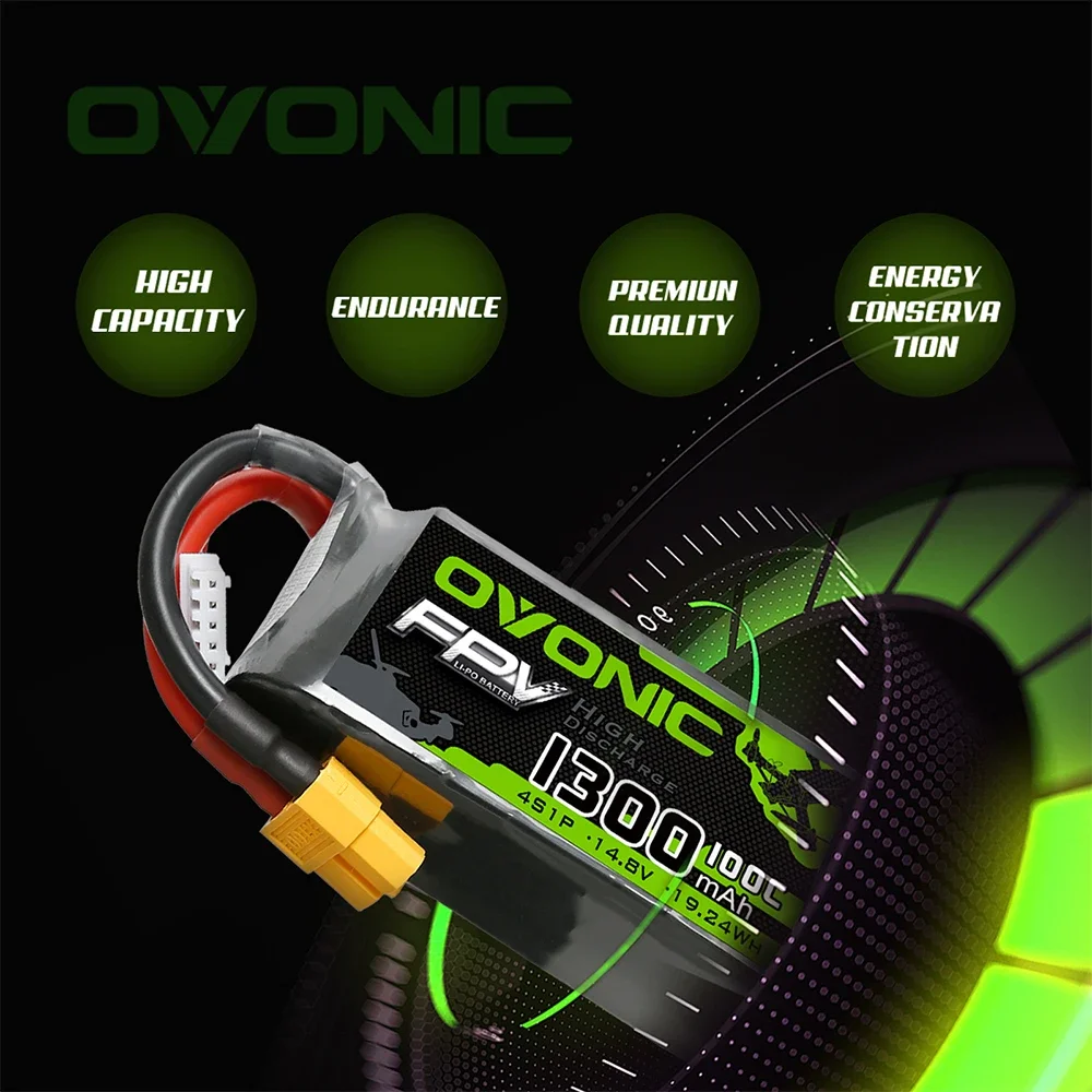 OVONIC 4s 1300mAh 100C Max 200C Lipo 4S1P  Battery with XT60 Connector for 250 FPV Frame RC Drone Heli Quad Boat