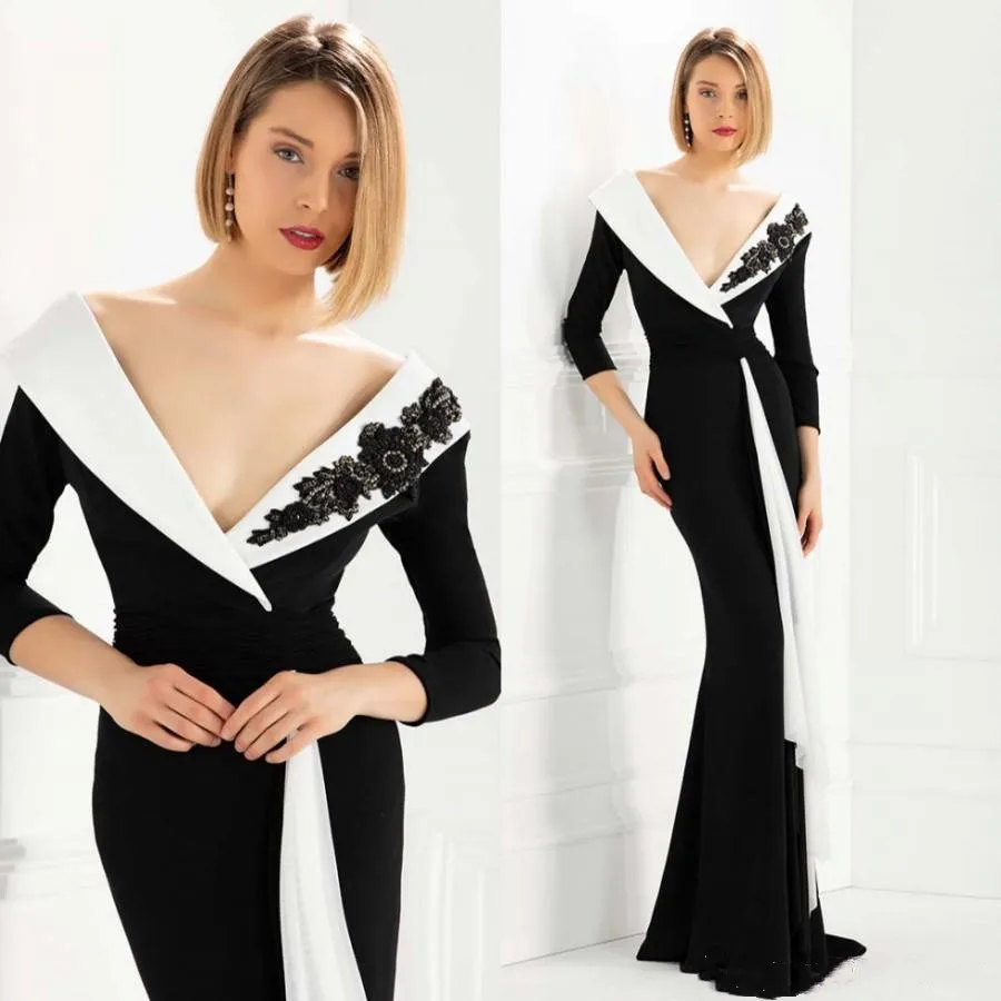 

Fashion Black&White Mermaid Evening Dresses for Women V Neck Beaded Applique Prom Trumpet Gowns with Three Quarters