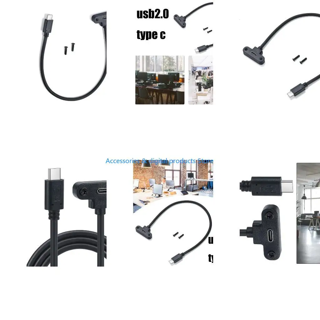 77JD USB2.0 Type C Male to Female Extension Data Cable with Screw Hole Panel Mount