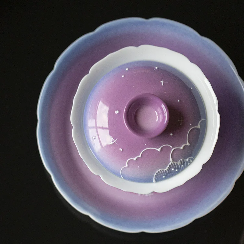 New Dreamy Gradient Purple Hand Painted Pottery with Fields Roasted Whale Covered Tea Cups Imitating Song Dynasty Flower Mouth