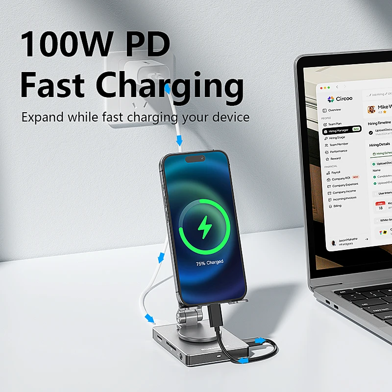 حامل هاتف 2 في 1 ومحور USB C مع المضيف/USB3.0/USB2.0/HDMI 4K 60HZ/SD/TF 3.5 ملم صوت/PD 100 وات متوافق مع الهواتف والمفتاح #4