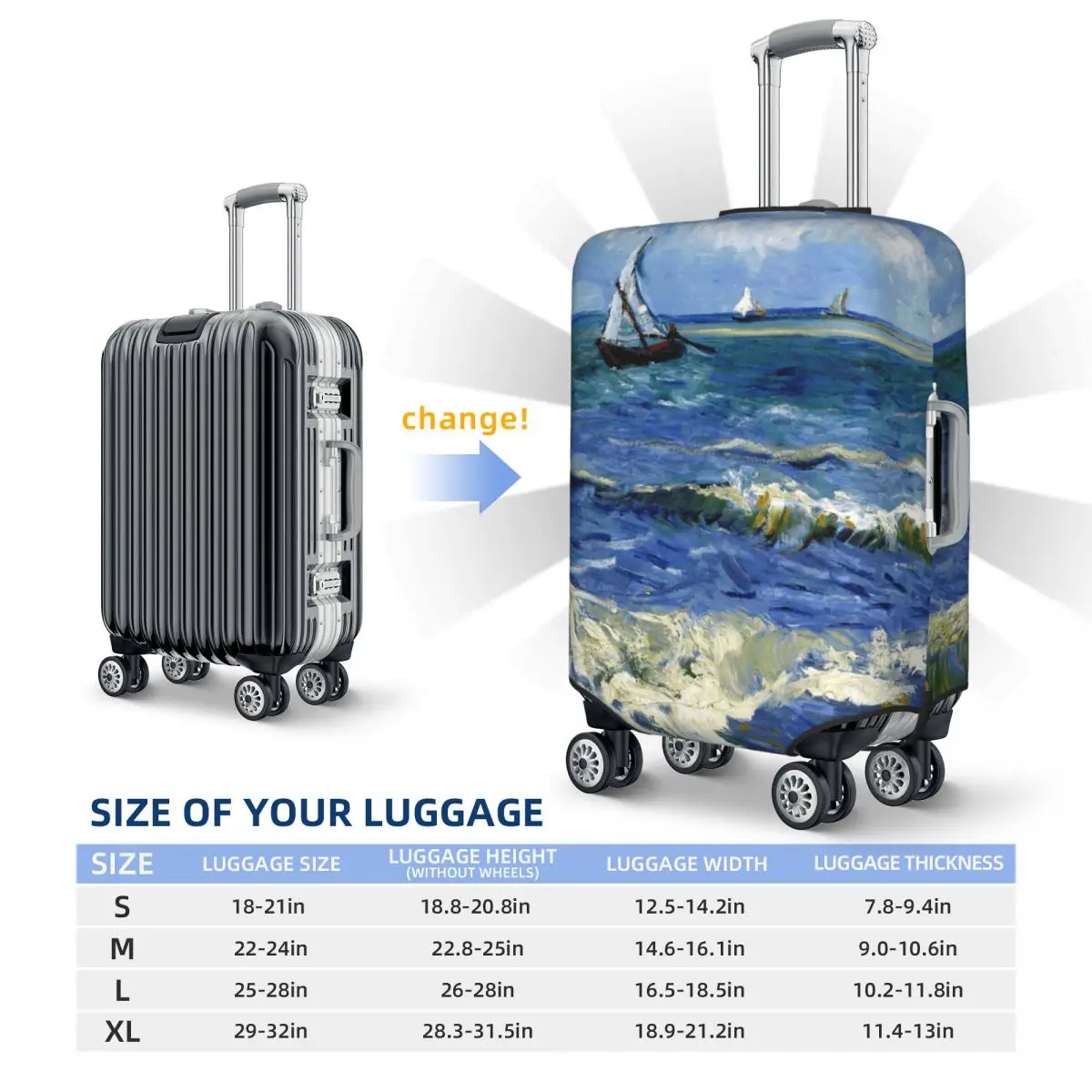 فنسنت فان جوخ غطاء الأمتعة حامي مضحك الشاطئ في شيفينجنز في الطقس العاصفة حقيبة سفر يغطي لمدة 18-32 بوصة #6