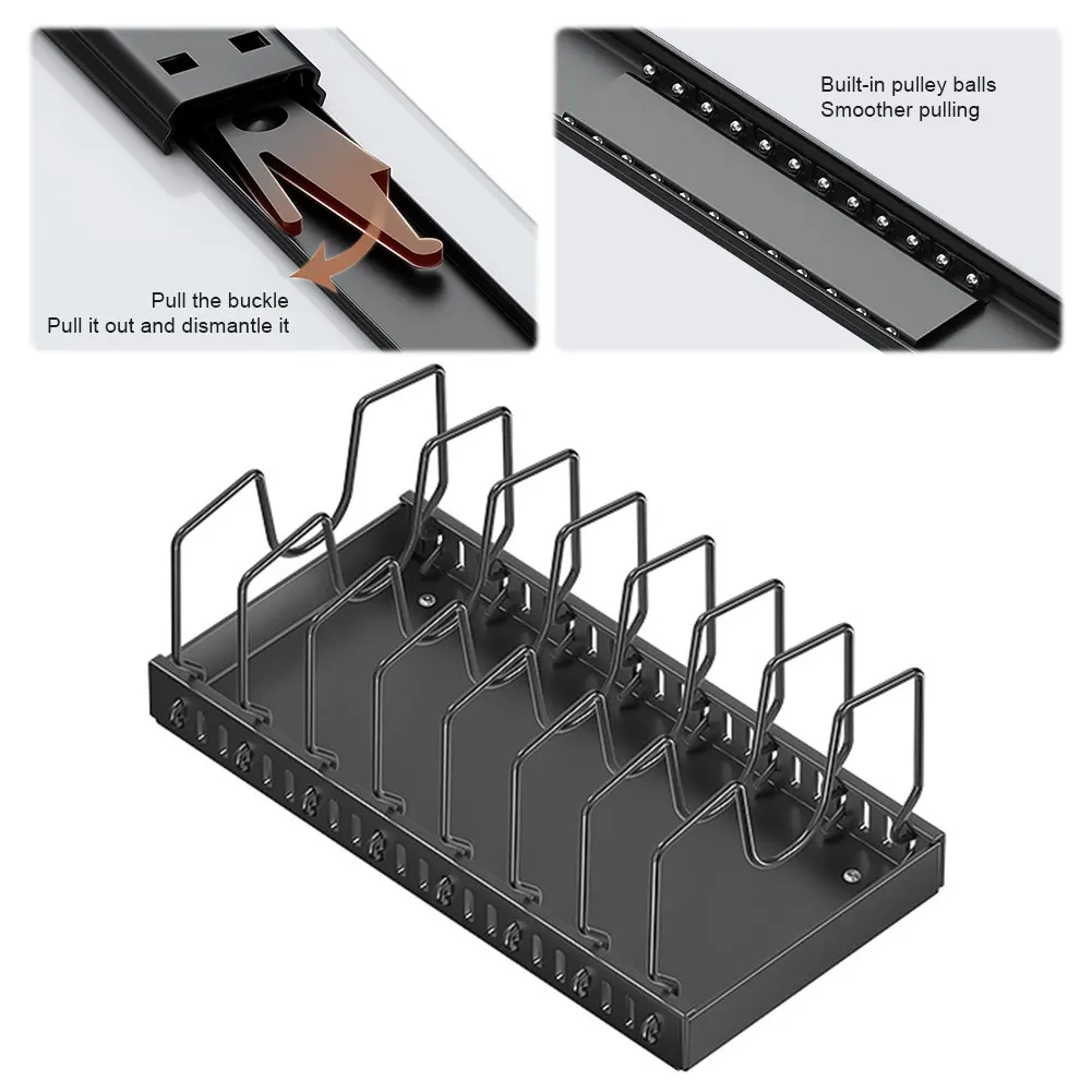 

Pull Out Pot Lid Holder with 8 Adjustable Dividers Sliding Dish Drying Shelf Sliding Lid Holder Pan Rack for Under Cabinet