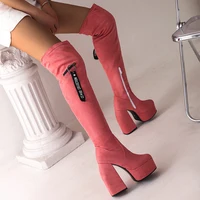 2024 Ultra-High Profiled Hollow Thick Heel Frosted Flock Women's Over-The-Knee Boots Plus Size High Platform Zipper Long Boots - Image 3