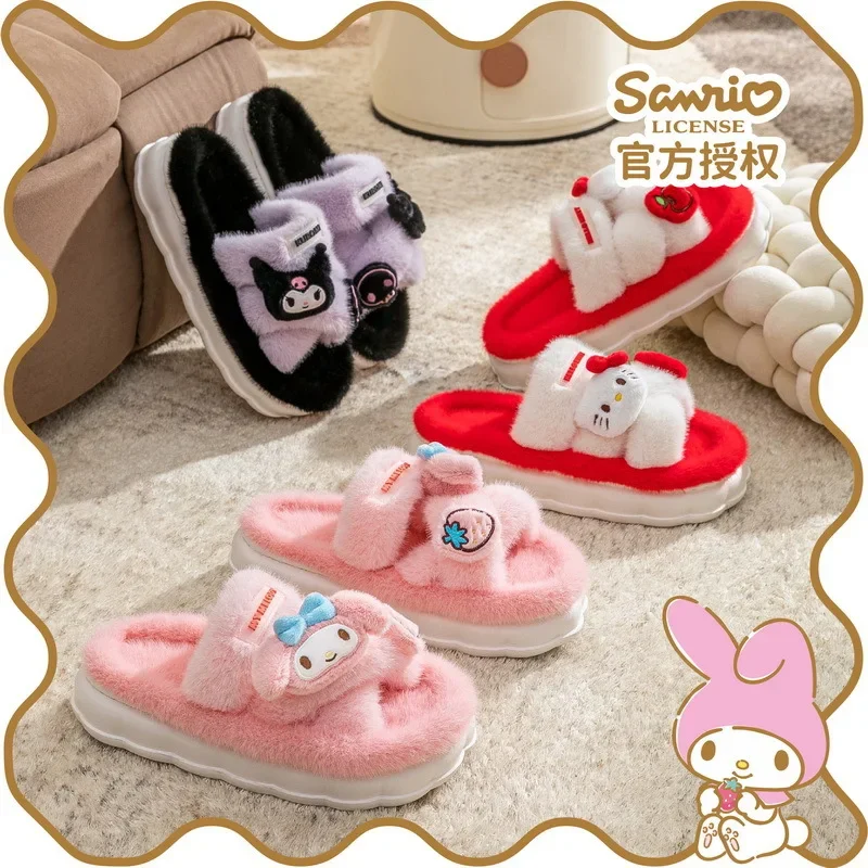 Genuine Sanrio Kuromi Hello Kitty Plush Slippers My Melody Warm Winter Indoor Slippers Flat Casual Non-slip Girl Home Shoes