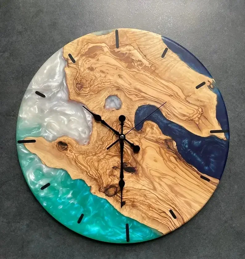 Reloj de Pared Rústico de Madera de Olivo y Resina Epoxi, Estilo Río, Reloj Personalizado, Reloj de Madera Artístico