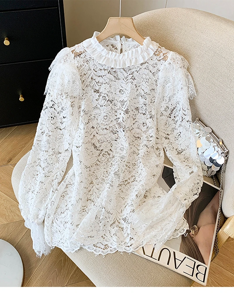 

French Hollow Crochet Long-sleeved Lace Shirt for Women Autumn Style Lace Collar Floral Blouses Bottoming Shirt Unique Top