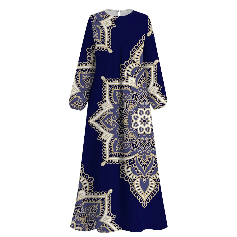 Ramadan Ethnic Elegance Print female Abaya 2024Muslim Islam Clothing Women\'s Abayas Round Neck Dubai Turkey Robe African Dresses