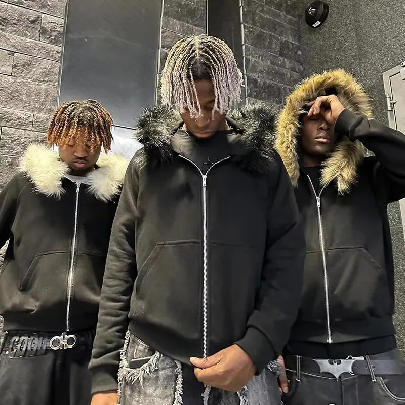 

Gothic punk grunge fur collar hoodie unisex striped diamond design zipper sweatshirt 2000s Harajuku aesthetic hip hop streetwear