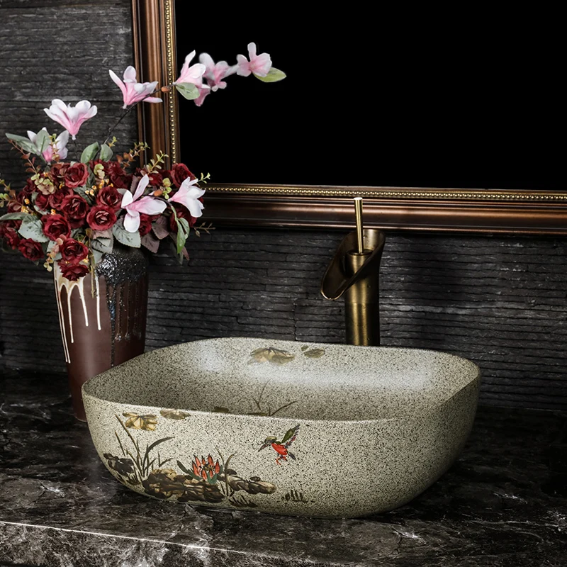 

Rectangular Europe style washbasin sink Jingdezhen Art Counter Top ceramic bathroom sink ceramic art wash basin for bathroom