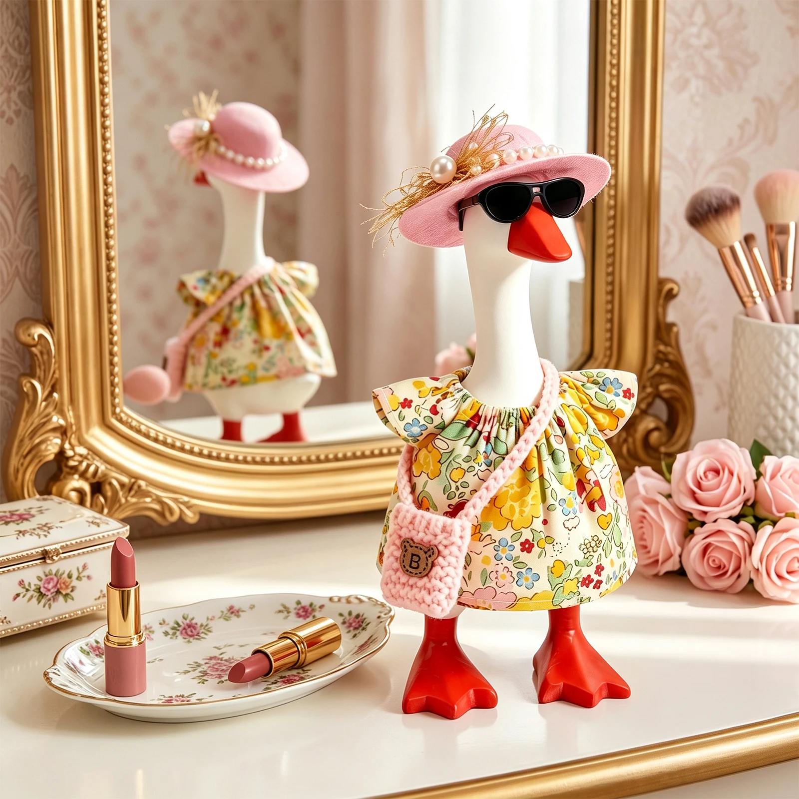 7 Inch Mini Desk Goose Outfits Floral Straw Hat Seasonal Dress Up Set Desk Goose Outfits 7 Inch Desk Goose Outfits Straw Hat