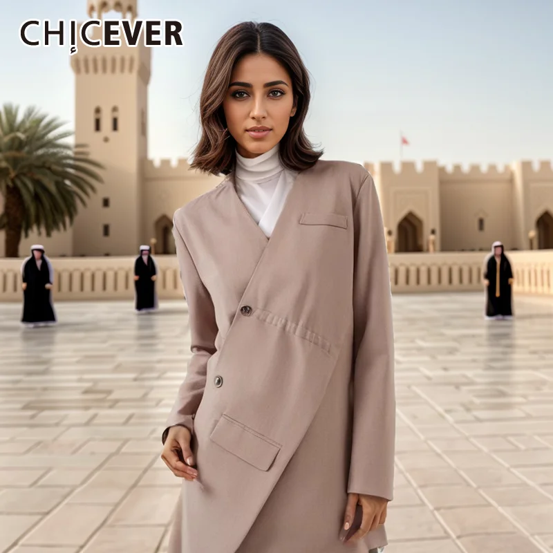 

CHICEVER Khaki Patchwork Asymmetrical Buttons Jacket For Women V Neck Long Sleeve High Waist Spliced Zipper Coat Female Autumn