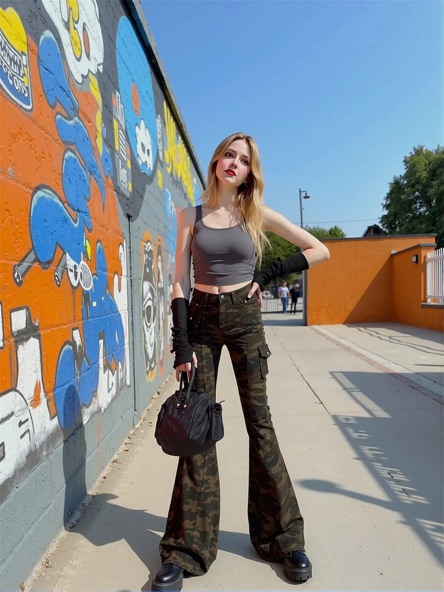 Jeans da pavimento skinny skinny mimetici da donna con gamba svasata pieghettata patchwork effetto consumato strappato a vita alta vestibilità ampia dritta