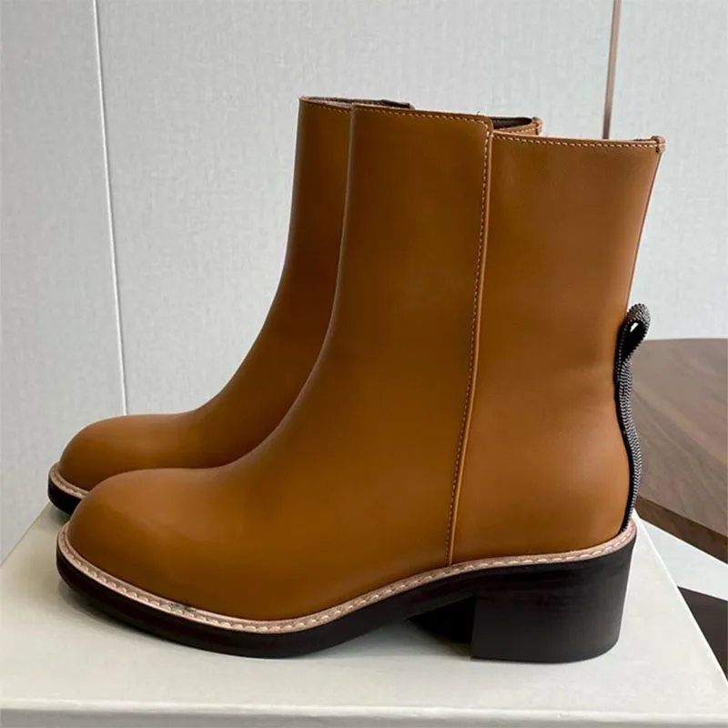 جديد جلد الغزال حذاء من الجلد سلسلة نسائية سلسلة حبة كعب مربع أحذية امرأة جولة تو دراجة نارية أحذية بوت قصيرة النساء بوتاس #5