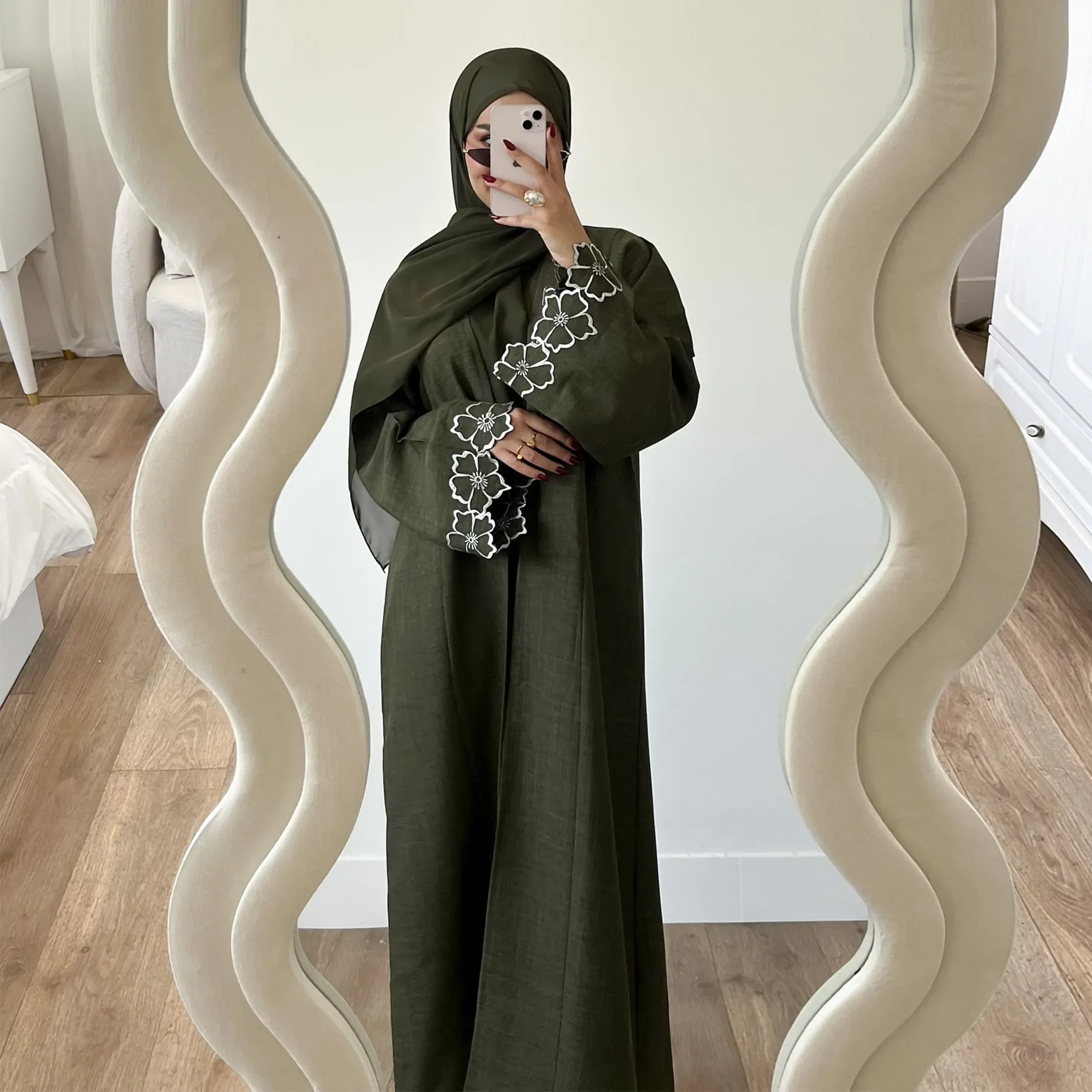 Kobieta Abaya Zestawy muzułmańskie Dubaj Luksusowy haft Kwiat Kimono Abayas 2-częściowy zestaw Sukienka bez rękawów Islamskie stroje Kaftan Ramadan