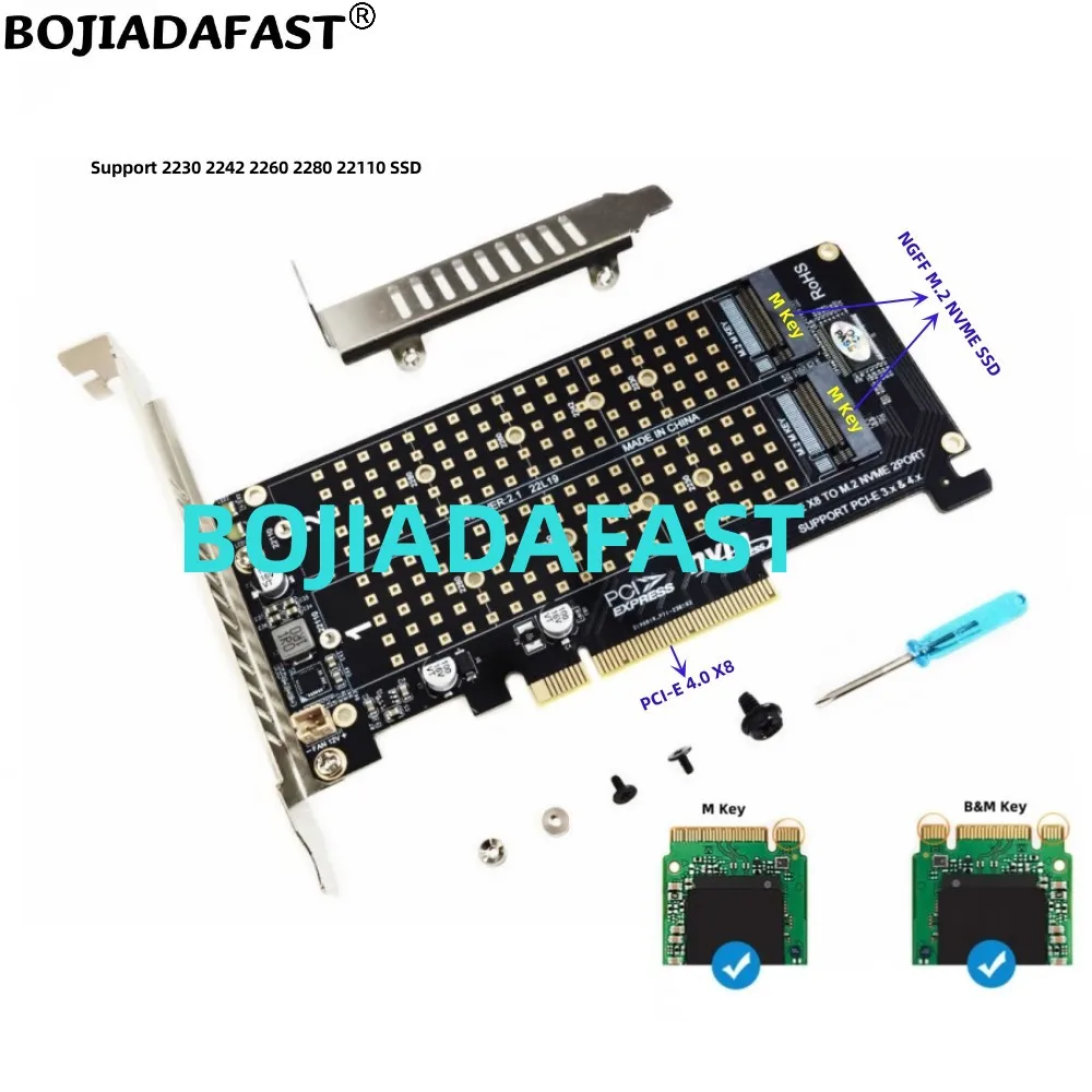 

PCI Express 4.0 8X PCl-E 3.0 X8 To 2 x NGFF M.2 Key-M 2230 2242 2260 2280 22110 M2 NVME SSD-адаптер Карта расширения