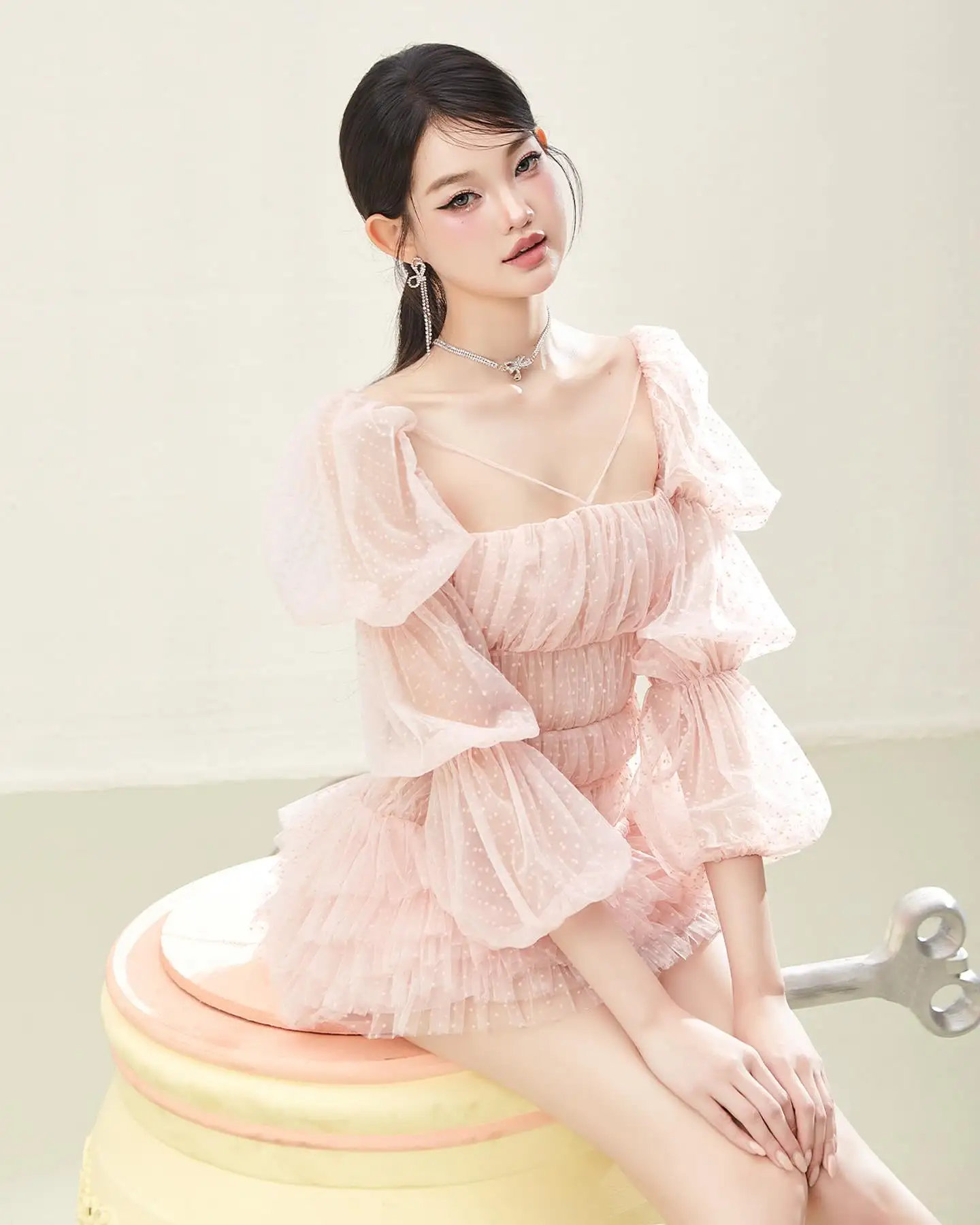 Women’s Blush Pink Mini Dress with Puffy Sleeves Off‑Shoulder Polka Dot Tulle Romantic Summer Party Dress Girls Homecoming Dress