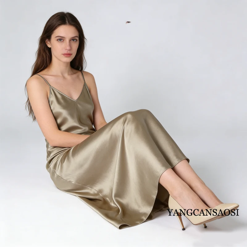 2026 Moda donna Nuovo 21MM 100% seta di gelso naturale pianura raso esteso francese sexy tracolla regolabile abito solido