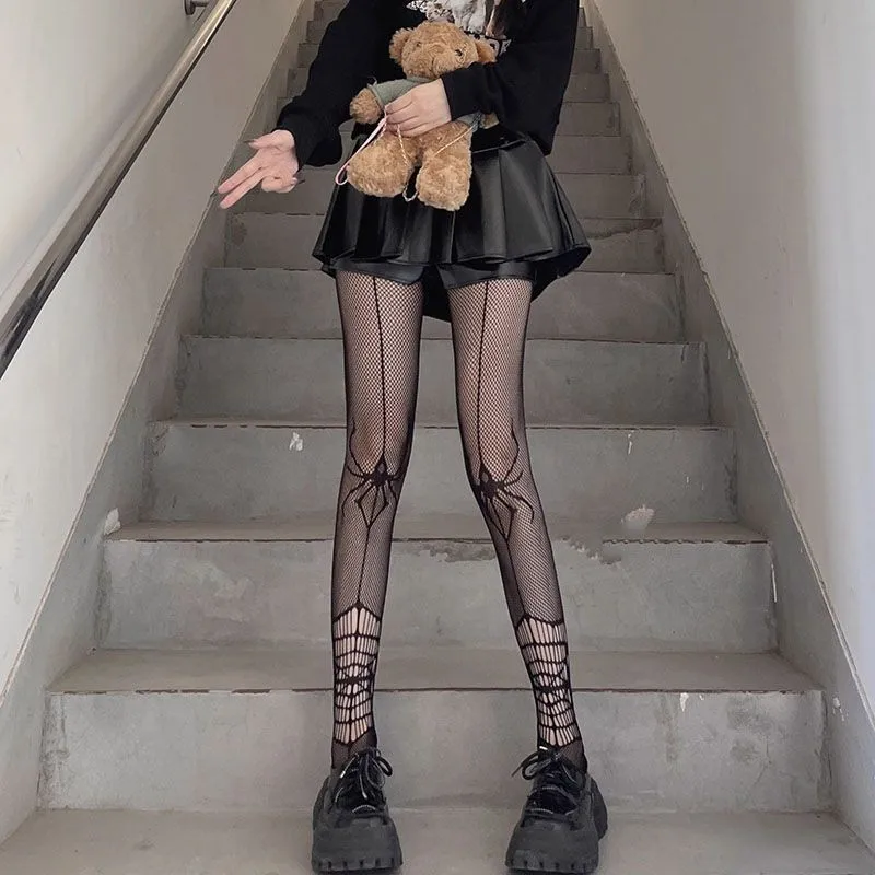 Gothic Spider Web Fishnet Tights Black Hollow-Out Sheer Pantyhose for Schoolgirl Edgy Fashion Sweet Cool Style Slimming Leggings