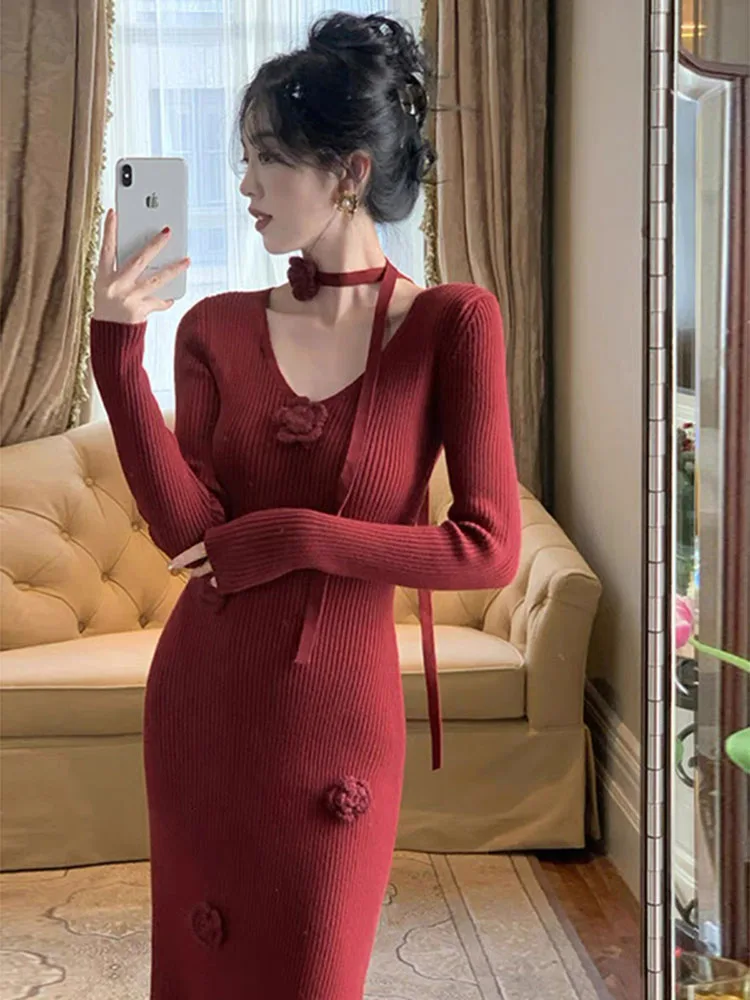 New Fashionable High Quality Knitted Collar Slim Fit Short Sleeved Three-dimensional Flower Button Long Women's Dress CQ339