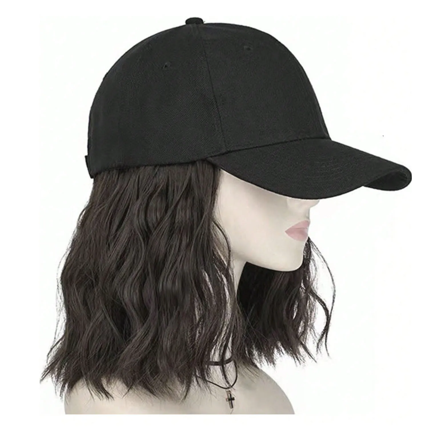 Parrucca per cappello da donna, parrucca per berretto da baseball a onde corte con estensioni sintetiche ricci, parrucca per cappello da baseball marrone nero regolabile