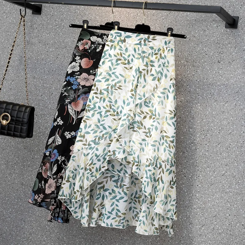 

Summer Large Size Women's Clothing fishtail Irregular Skirt High Waist Floral Skirts 2022 New Chiffon Skirt JP115