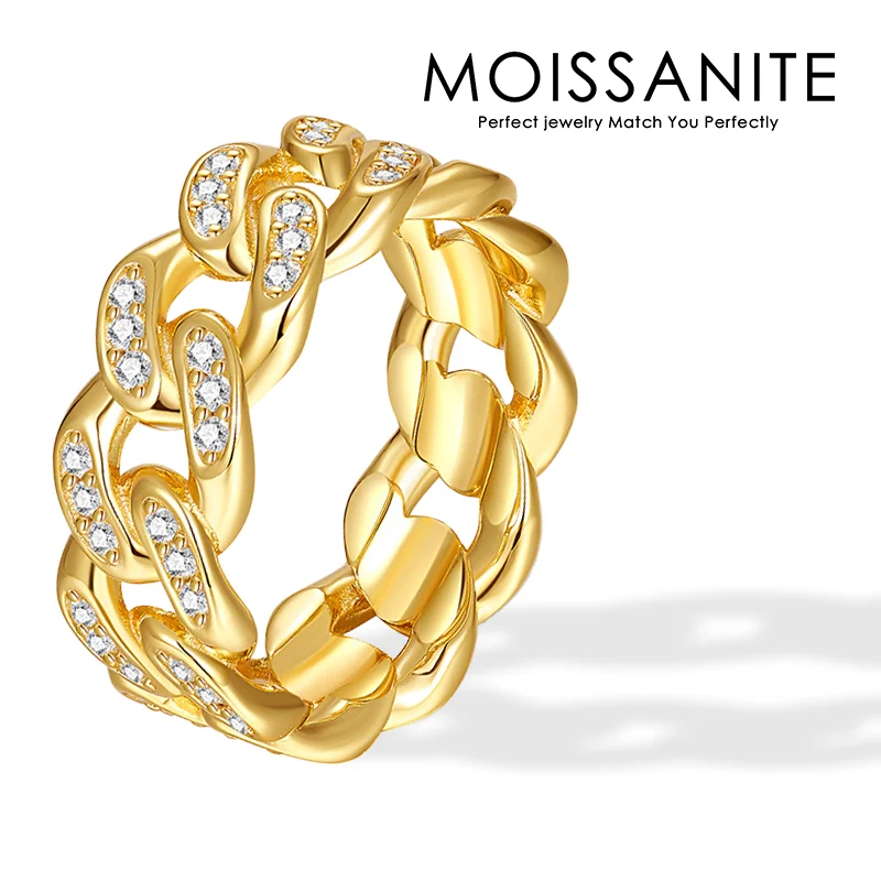 

S925 Sterling Silver 18K Gold Plated Moissanite Cuban Chain Ring Hip Hop Inspired Bold Fashion Statement for Men and Women