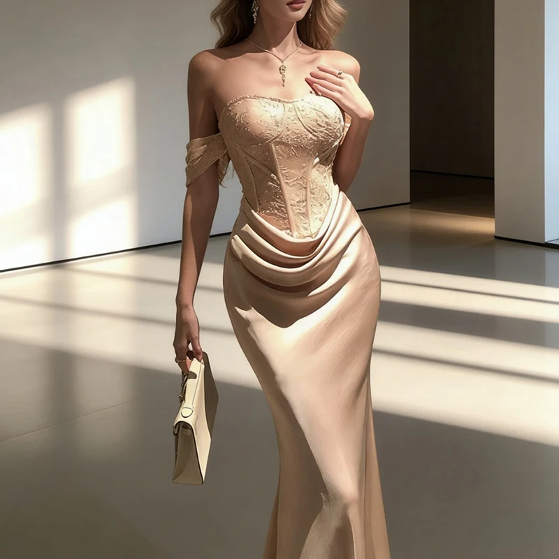 

Роскошное вечернее платье из атласа с кружевной вышивкой, элегантное, с открытыми плечами, плиссированное, для банкетов, летнее, женское, сексуальное, приталенное, для вечеринок