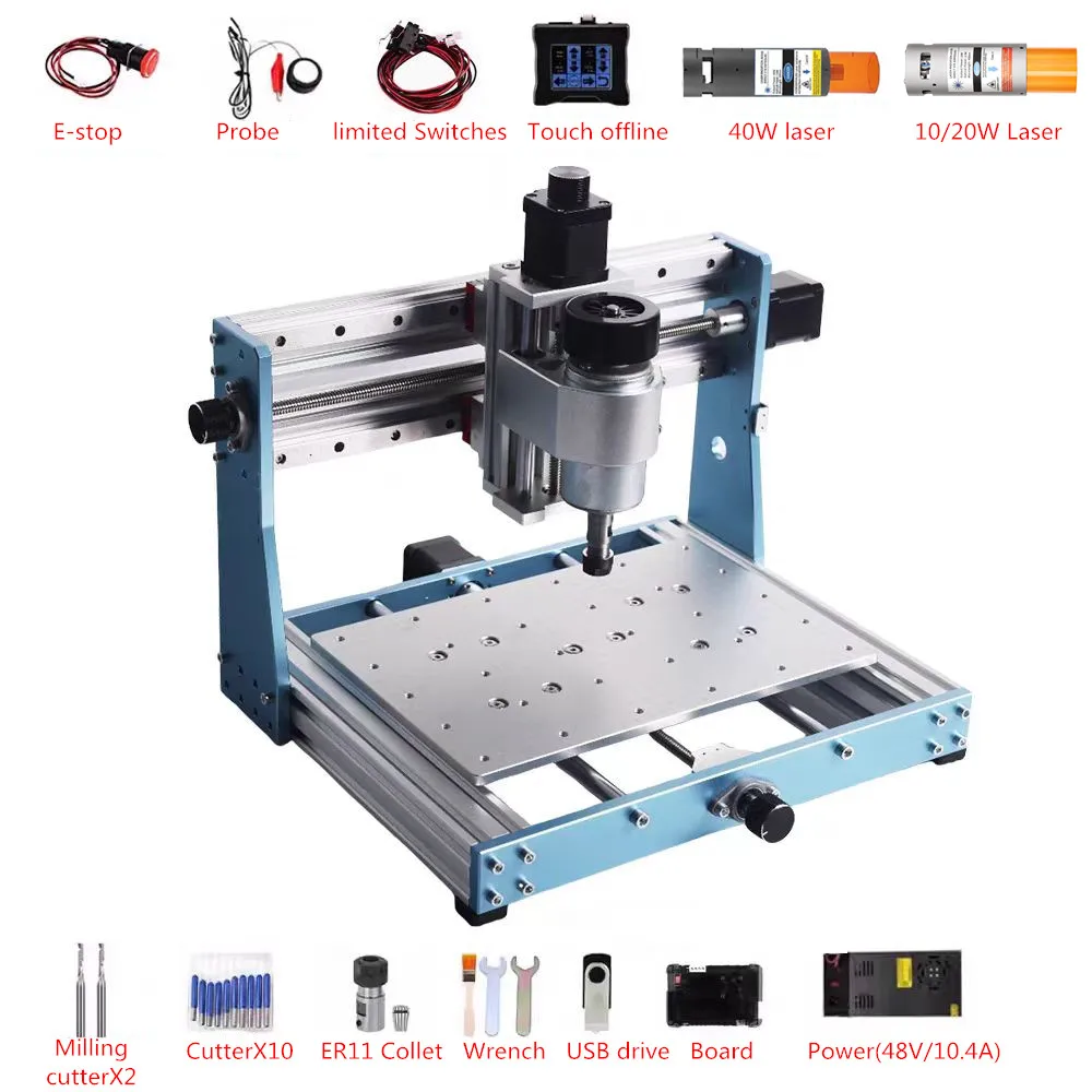 

Full Metal Mini CNC Router 3020 Pro Engraving Machine 500W Spindle 10W 20W 40W Laser GRBL Offline Controller PCB Milling Machine