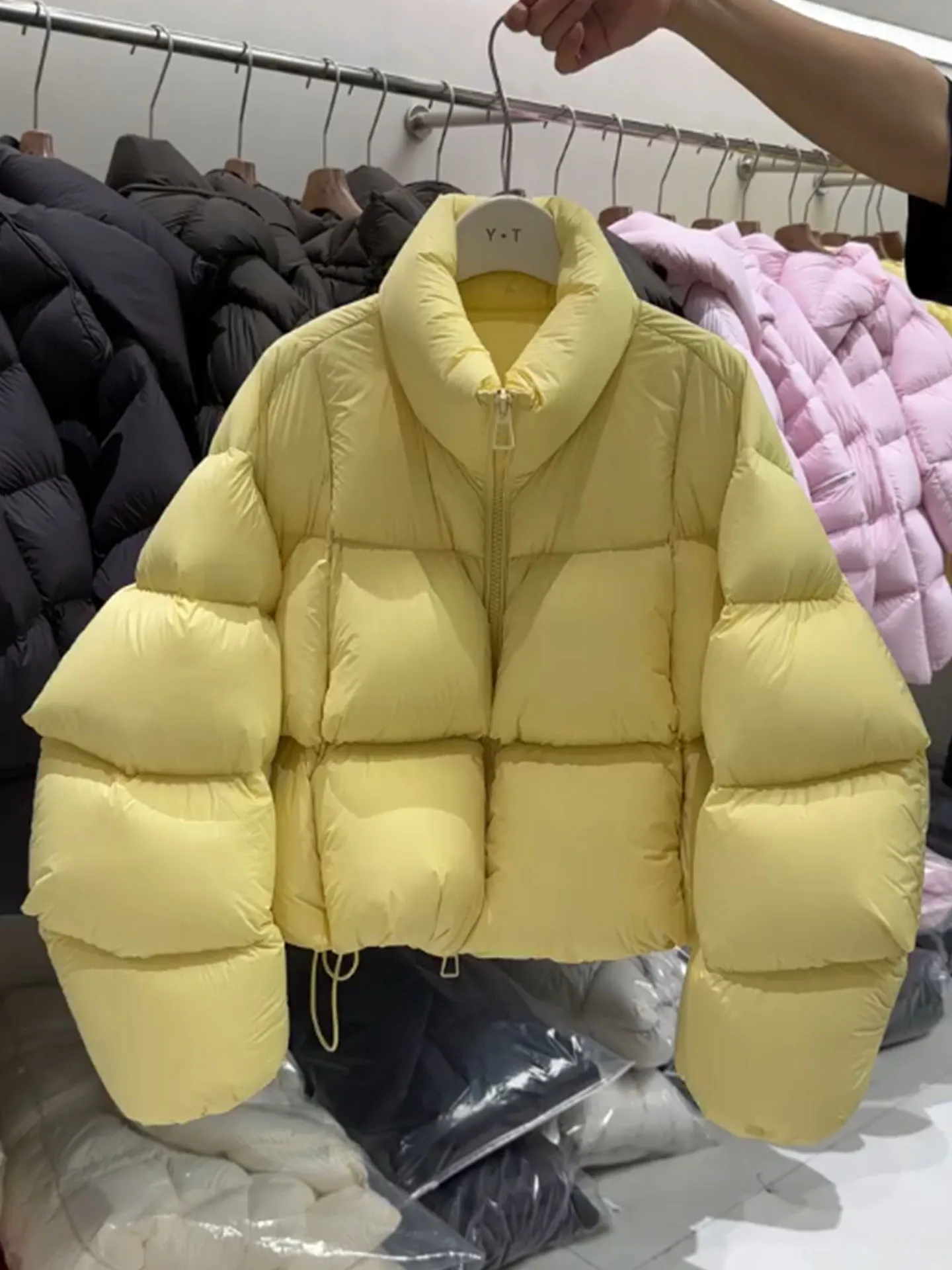 

Unique ort Puffer Jaet Women's Sle Korean Bread Coat Yellow Color Warmth Polyester Fiber High Waist Long Sve Zipper