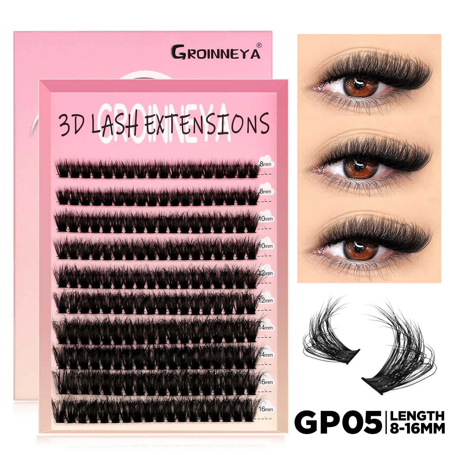 GROINNEYA Wimpern-Cluster, DIY-Wimpernverlängerung, gemischte Tablett-Cluster, Wimpern, flauschiges Volumen, einzelne Wimpern, Katzenaugen-Wimpernverlängerung