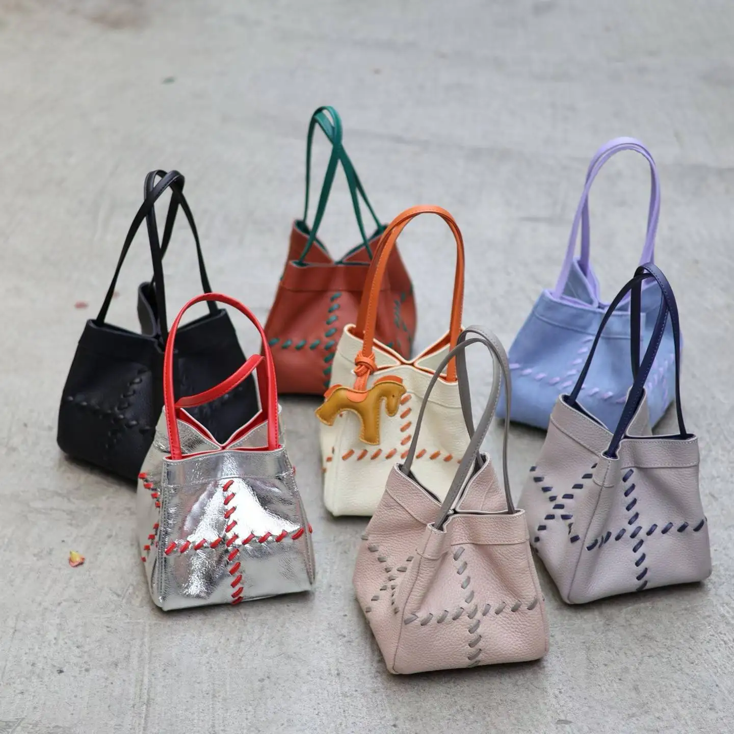 New High Quality Genuine Leather Handled Square Bag Fashion Color-Block Design Handbag for Women Luxury Ladies Shoulder Bag