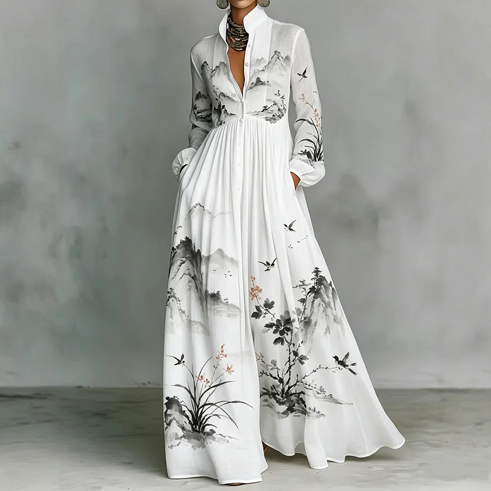 

Women's White Maxi Dress Long Sleeve Pleated Shirt with Traditional Ink Painting Print Dress for Fashion Versatile Daily Wear