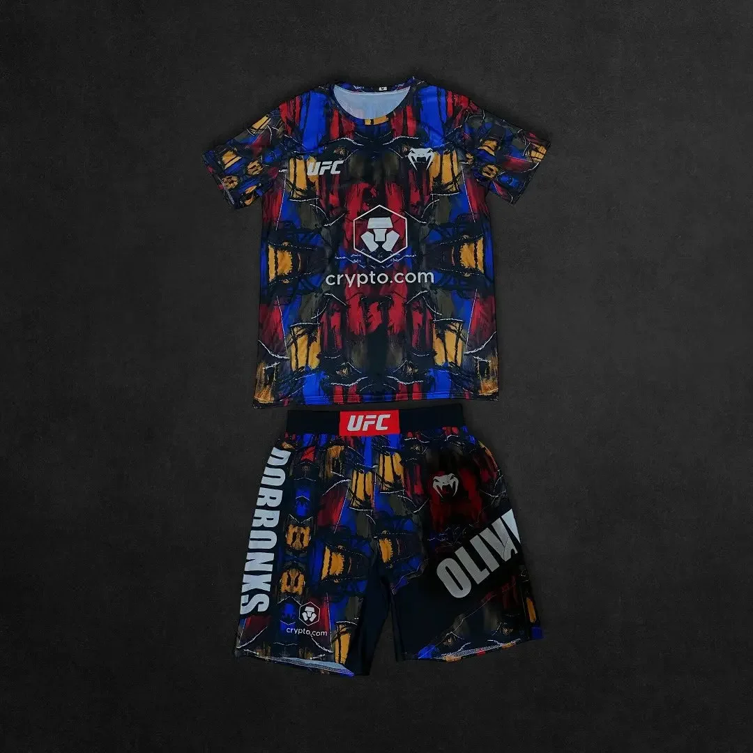 Conjunto de roupas esportivas de boxe UFC masculino de secagem rápida respirável Charles Oliveira Combat Event Tee e Shorts para luta livre