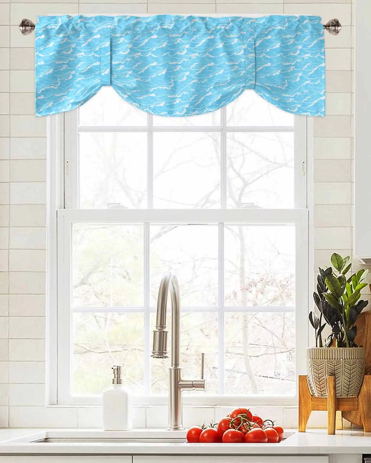 Ocean Abstract Waves Summer Short Window Curtain Adjustable Tie Up Valance for Living Room Kitchen Window Drapes