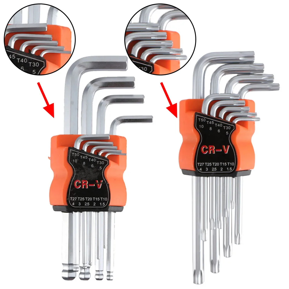 Professional 9pcs Hex Key Wrench Set Allen L Double-End Screwdriver Ball Star for Vehicle Appliance Repair Tool Accessory