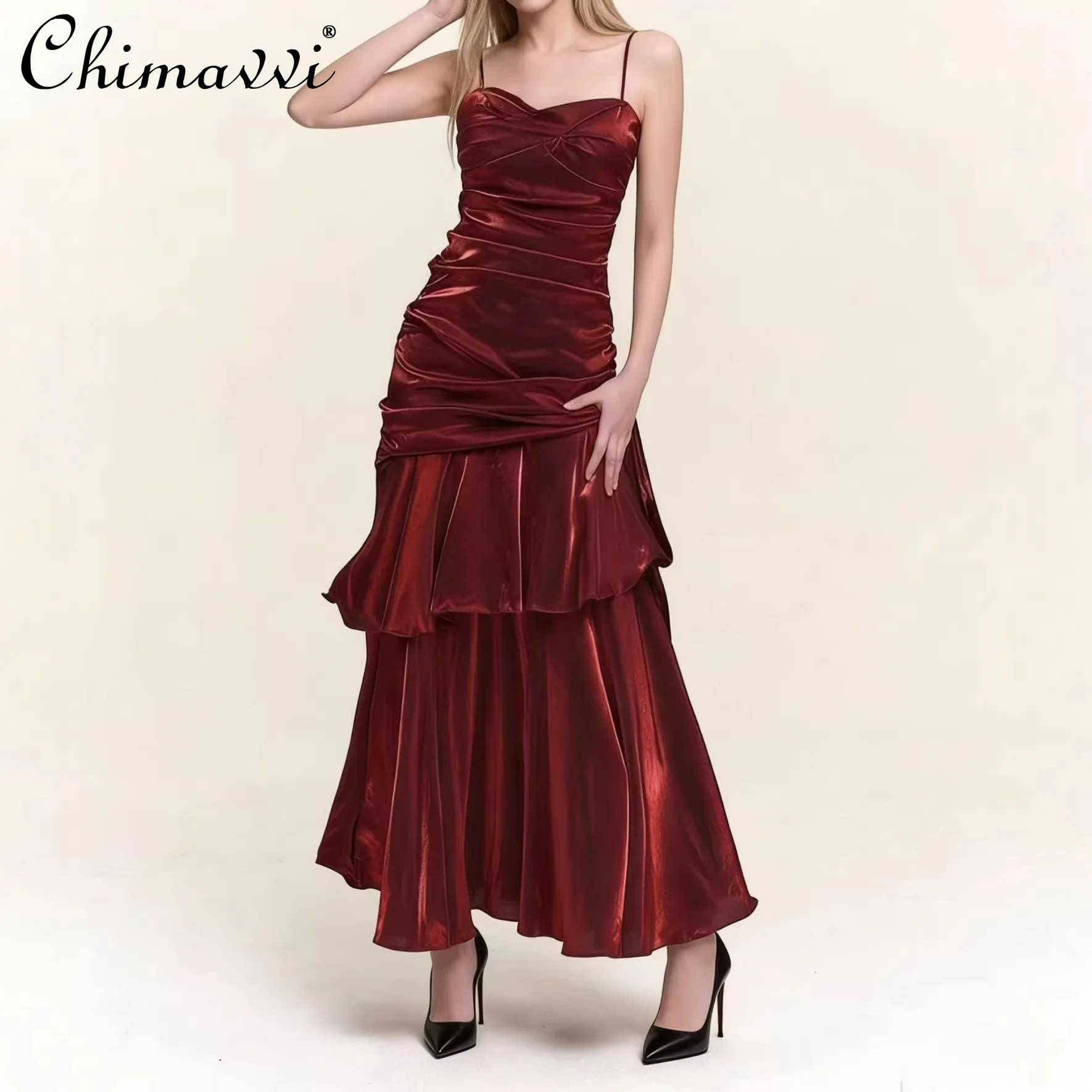 

French Elegant Temperament Sleeveless Sexy Backless Pleated High Waist Slim A-line Red Long Evening Dress for Women Summer 2026